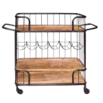 Metal Frame Bar Cart with Wooden Top and 2 Shelves, Black and Brown