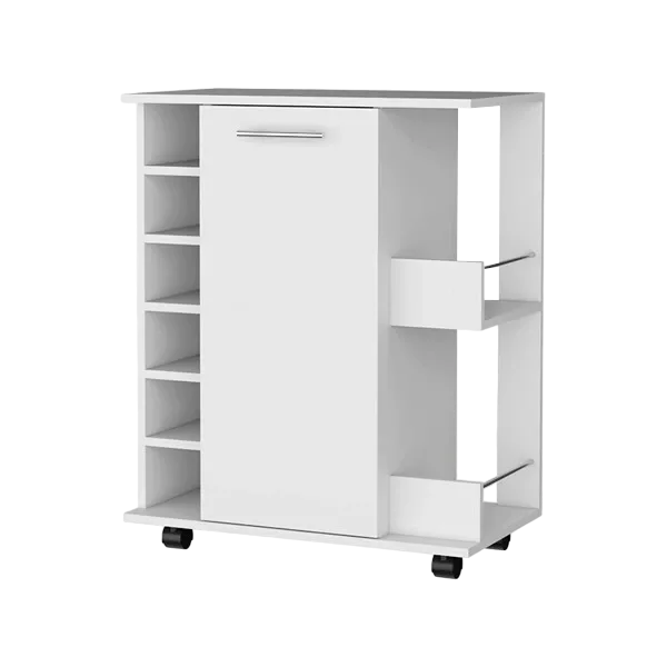 Woodland Bar Cart with Casters, Wine Rack and Open Shelf White