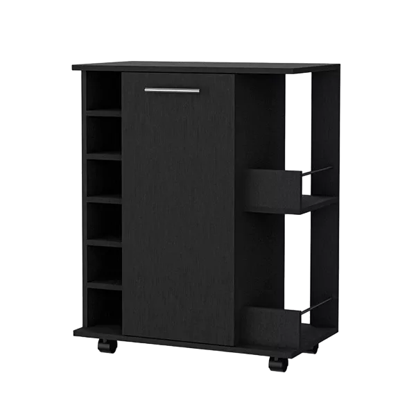 Woodland Bar Cart with Casters, Wine Rack and Open Shelf Black
