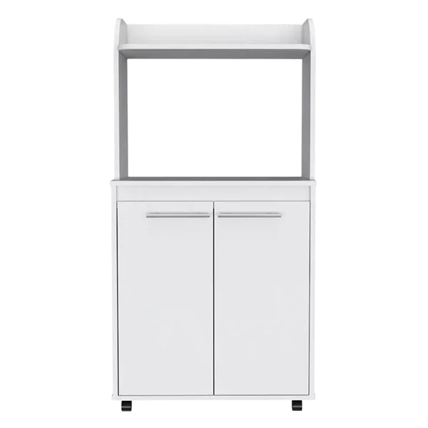 Kira Kitchen Kart, Double Door Cabinet, One Open Shelf, Two Interior Shelves -White