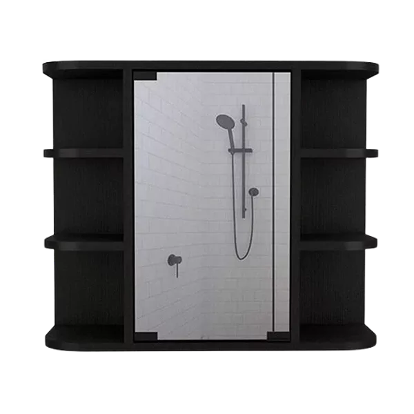 Black Milan Medicine Cabinet with Six External Shelves Mirror, and Three Internal Shelves