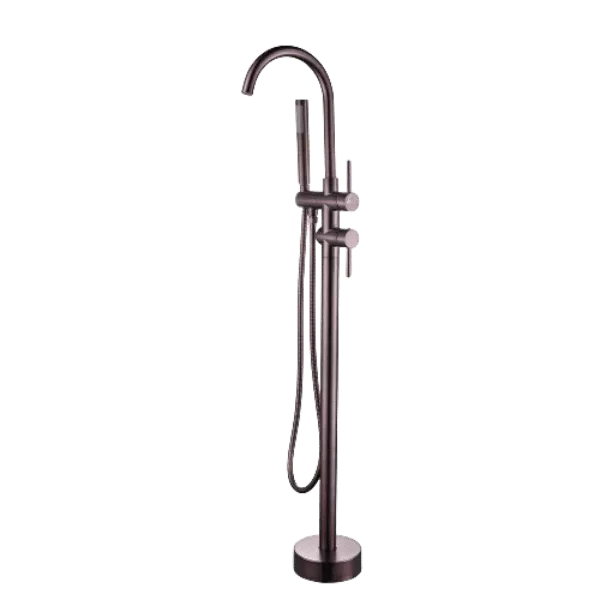 Double Handle Floor Mounted Tub Faucet with Hand-Shower in Brown