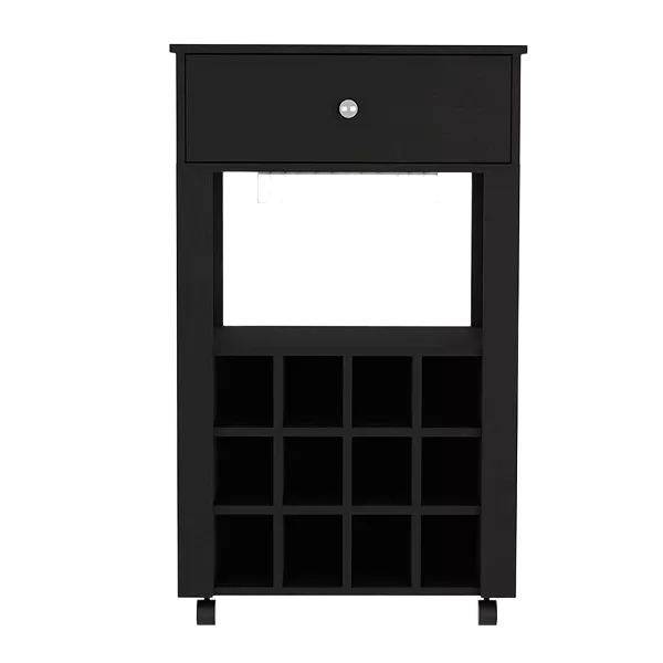 Bar Cart Bayamon, Twelve Wine Cubbies, Four Legs, Black Wengue Finish