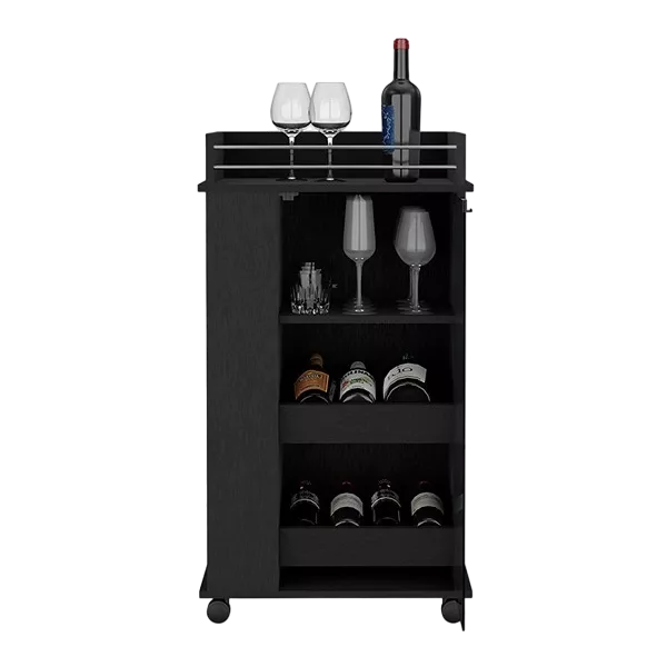 Bar Cart with Two-Side Shelves Beaver, Glass Door and Upper Surface, Black Wengue Finish