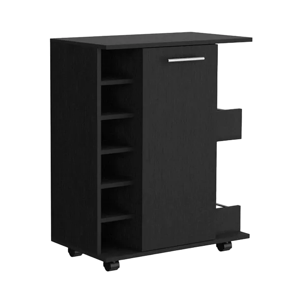 Bar Cart with Six-Wine Cubbies Cabot, Two-Side Storage Shelves and Casters, Black Wengue Finish