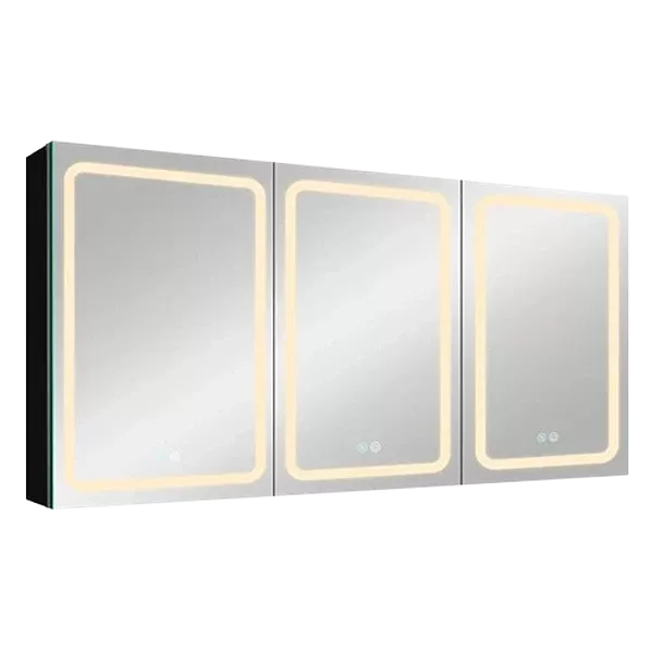 60x30 Inch LED Dimmer black Surface Mount Three Door Lighted Medicine Cabinet for Bathroom with Mirror Defogging