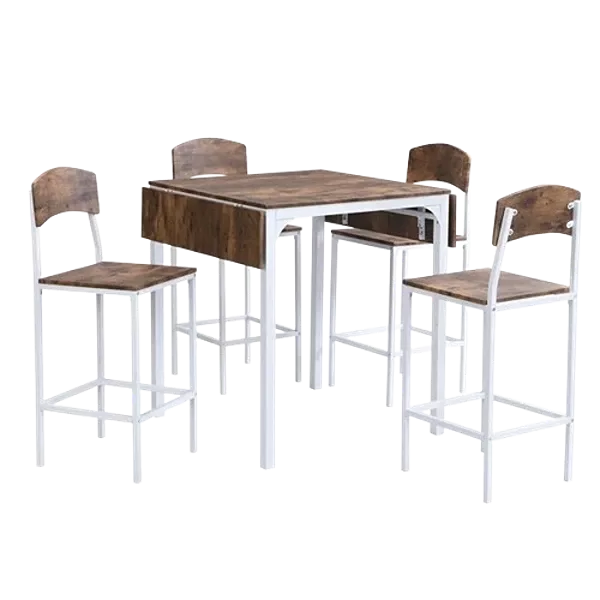 Modern Rustic Brown 5 Piece Dining Set Rectangular Wooden Drop Leaf Table And 4 Chairs With White Metal Frame For Dining Room