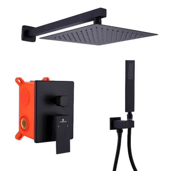 10 Inches Wall Mount Pressure-Balanced Shower System, Bathroom Luxury Rain Mixer Shower Combo Set, Matte Black