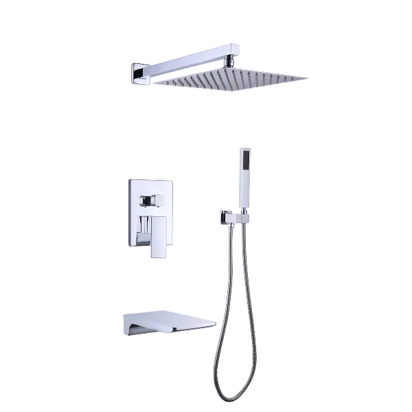 Wall Mounted Square Rainfall Pressure Balanced Completed Shower System with Rough-in Valve, 3 Function, 10 inches Chrome - 3W02