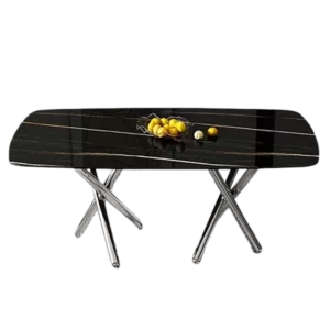 Large modern minimalist rectangular dining table with 0.39 "imitation marble black tabletop and silver metal legs, suitable for kitchens, living rooms, conference rooms, and banquet halls 1538