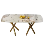 A modern minimalist rectangular dining table with a 0.39-inch imitation marble tabletop and gold-plated metal legs,for Kitchen Dining Living Meeting Room Banquet hall,1538