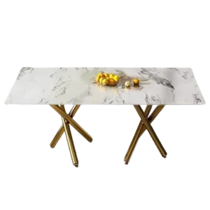 Large modern minimalist rectangular glass dining table for 6-8 people, with a 0.39-inch white imitation marble tabletop and golden metal legs, suitable for kitchen, dining room, living room, 1538