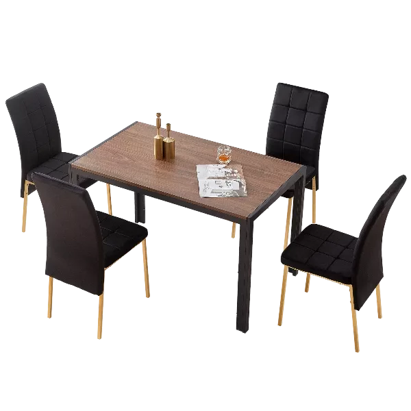 Modern 5-Piece MDF Dining Table Set Including 4 Black Velvet High Back Golden Color Legs Chair For Dining Room