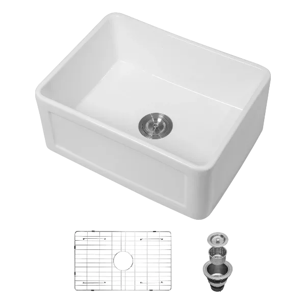 Ceramic White 24 inch Kitchen Single Bowl Farmhouse Sink Rectangular Vessel Sink