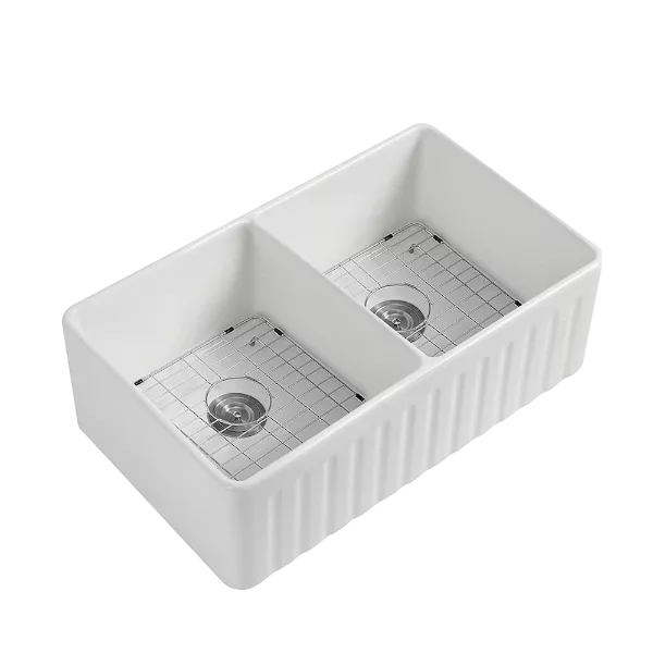 Fireclay 33" L X 18" W Double Basin Farmhouse Kitchen Sink With Grid And Strainer
