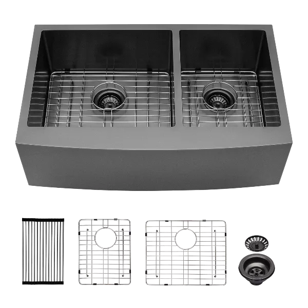 Gunmetal Black Double Bowl (60/40) Farmhouse Sink- 36"x21"x10"Stainless Steel Apron Front Kitchen Sink 16 Gauge with Two 10" Deep Basin