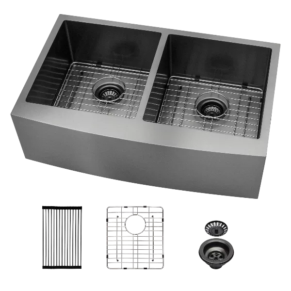 Gunmetal Black Double Bowl (50/50) Farmhouse Sink- 36"x21"x10"Stainless Steel Apron Front Kitchen Sink 16 Gauge with Two 10" Deep Basin