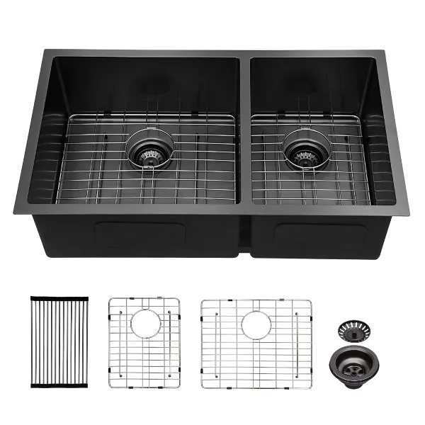 Double Bowl(60/40) Undermount Sink- 33"x19" Gunmetal Black  Double Bowl Kitchen Sink 16 Gauge with Two 10" Deep Basin