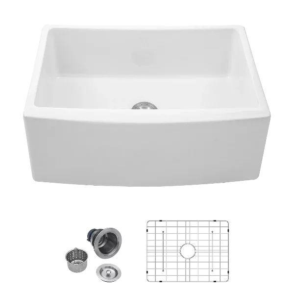 White Farmhouse Sink - 24 inch White Kitchen Sink Ceramic Arch Edge Apron Front Single Bowl Farm Kitchen Sinks