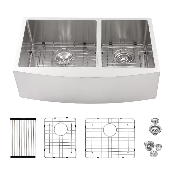 Double Bowl (60/40) Farmhouse Sink - 33"x21"x10" Stainless Steel Apron Front Kitchen Sink 16 Gauge with Two 10" Deep Basin