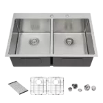Double Bowl (50/50) Drop in Sink - 33"x22"x10" Stainless Steel Kitchen Sink 16 Gauge with Two 10" Deep Basin