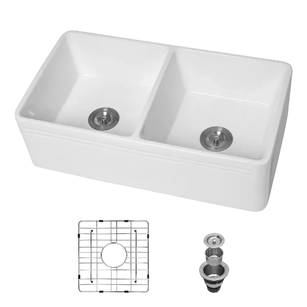 White Farmhouse Sink - 33 Inch Kitchen Sink Apron Front Double Bowl 50/50 White Ceramic Kitchen Farm Sink