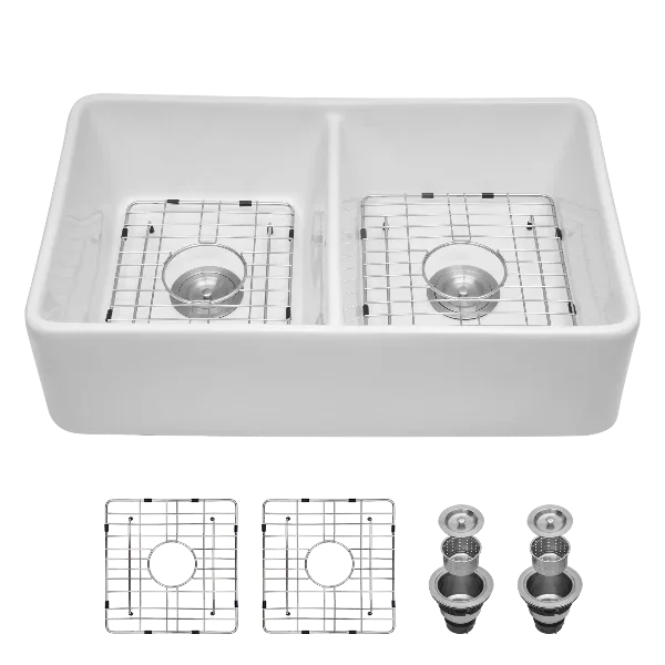 White Farmhouse Sink - 32 inches Ceramic Double Bowl Farm Apron Front Kitchen Sink