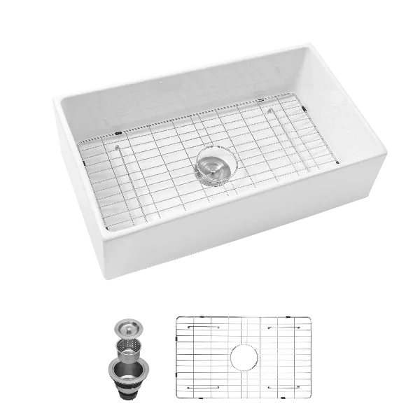 33 White Farmhouse Sink - 33 Inch Kitchen Sink White Undermount Single Bowl Apron Front Ceremic Sink Farm Style Drain Asseblemly and Bottom Grate 33x18x10 Inch