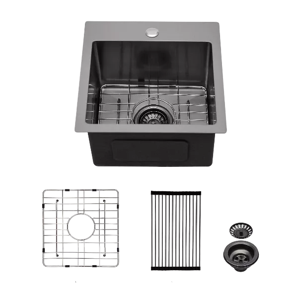 15*15*9 inch Drop in Kitchen Sink Gunmetal Black Topmount 16 Gauge Deep Single Bowl Stainless Steel Sink Basin