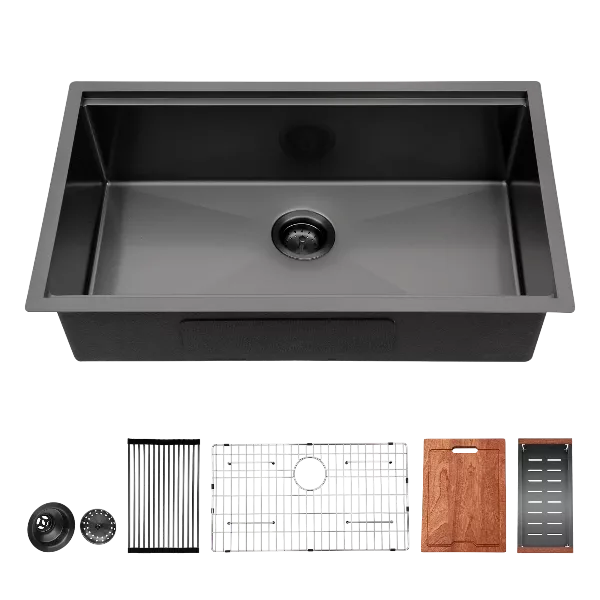 Gunmetal Black Workstation Kitchen Sink - 33"x 19"x 10" Single Bowl Workstation Undermount Kitchen Sink 16 Gauge Stainless Steel