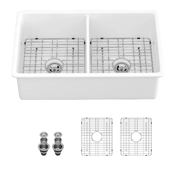32" Undermount Double Bowl Ceramic Kitchen Sink - Dual Mount White Ceramic Rectangular Deep Double Bowl Sink Basin