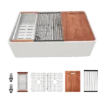 White Farmhouse Sink Workstation - 33 inch White Ceramic Double Bowl Farm Kitchen Sink