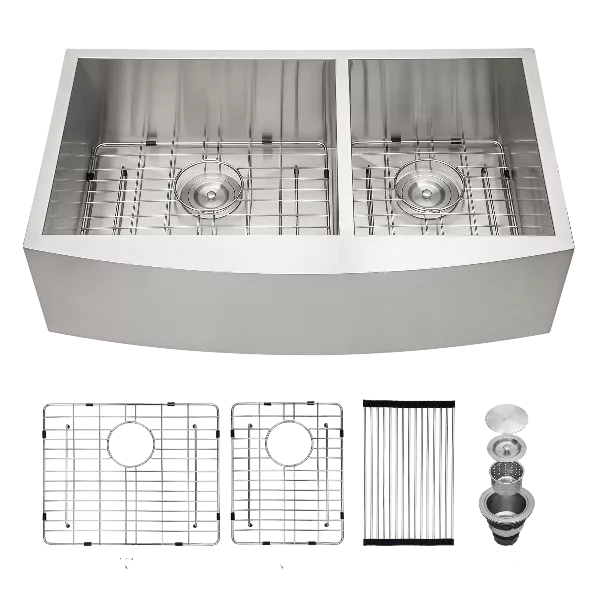 Double Bowl Farmhouse Sink- 33"x20" Stainless Steel Farm Sink Undermount Apron Front Double Bowl Kitchen Sink 18 Gauge with Two 9" Deep Basin