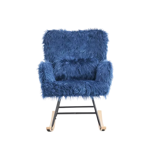 Metal Frame Faux Fur Blue Rocking Chair of Wooden  Legs Ideal for Living Room & Bedroom