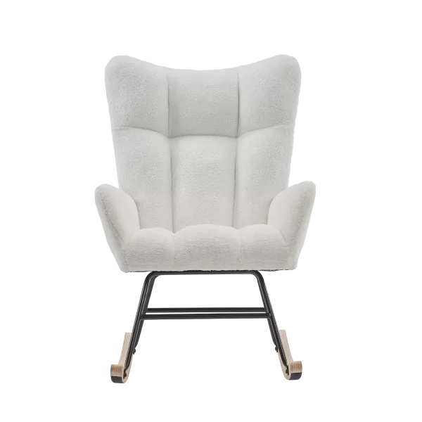 Metal Frame Teddy Fabric White Rocking Chair of Wooden  Legs Ideal for Living Room & Bedroom