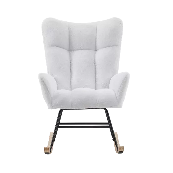 Metal Frame Faux Fur White Rocking Chair of Wooden Legs Ideal for Living Room & Bedroom