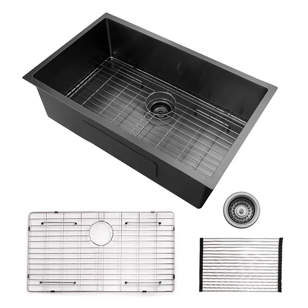32x19 inch Single Bowl Undermount Kitchen Sink, 16 Gauge Stainless Steel in Gunmetal Black
