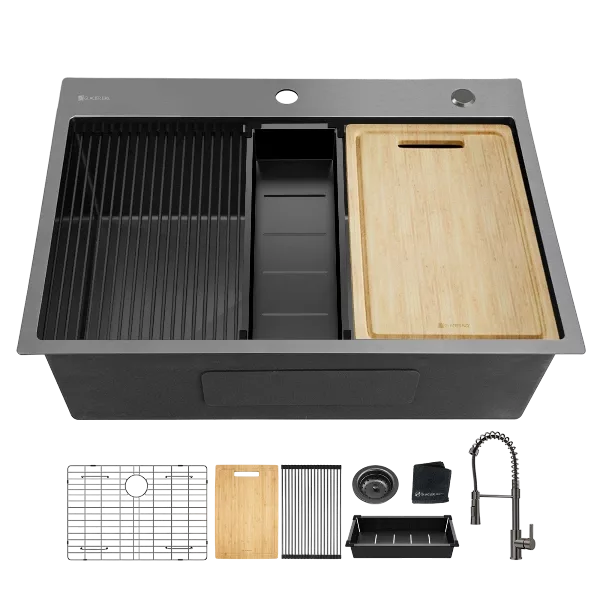 32x22inch Gunmetal Black workstation 18Gauge 304 Stainless Steel  kitchen sink with Black Spraing Neck faucet