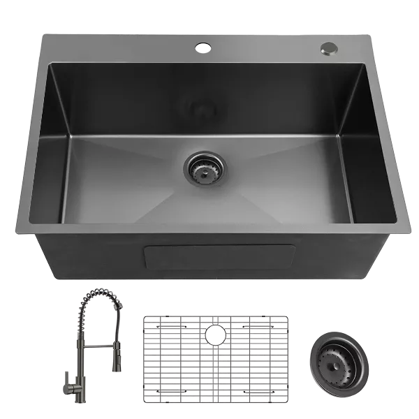 33Inch Topmount 18 Gauge Stainless Steel kitchen Sink With  Black Spring Neck Faucet