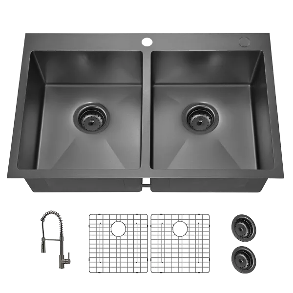 33x22Inch Double Bowl Topmount Gunmetal Black Kitchen Sink 18 Gauge Stainless Steel  With Black Spring Neck Faucet
