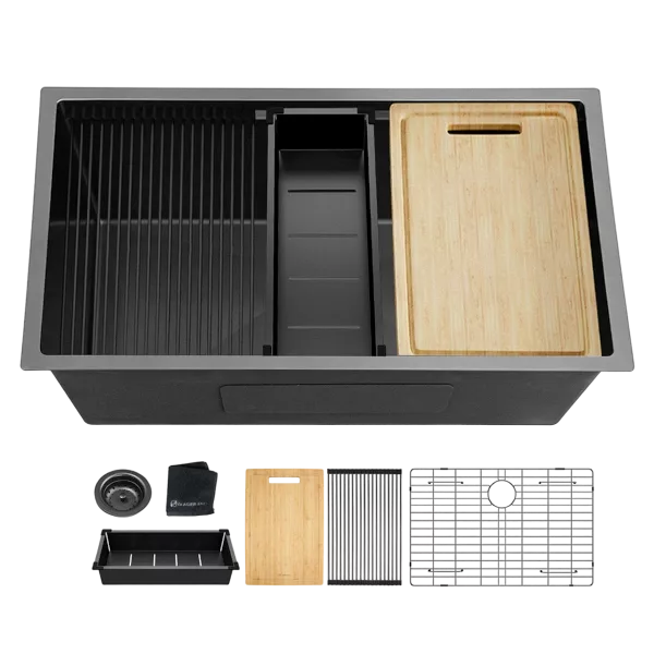32 Inch Undermount Gunmetal Black Workstation Kitchen Sink 18 Gauge Stainless Steel