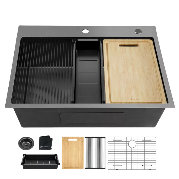 32x22 Inch Topmount Gunmetal Black Workstation  18 Gauge Stainless Steel Single Bowl Kitchen Sink