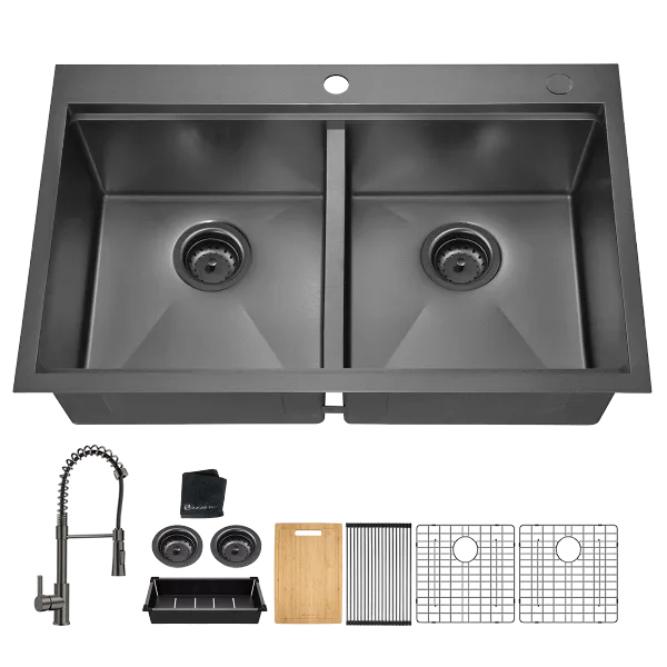 33x22 Inch Gunmetal Black Topmount Double Bowl Workstation Kitchen Sink 18 Gauge Stainless Steel With Black Faucet