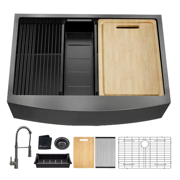 33x22 Inch Farmhouse Workstation Gunmetal Black All In One Kitchen Sink 18 Gauge Stainless Steel Single Bowl Sink With Faucet