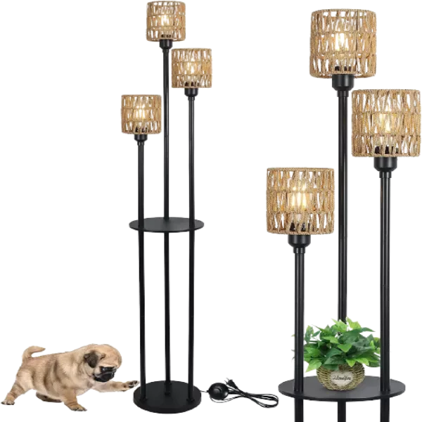 66.1 in. 3-Lights Rattan Standard Floor Lamp with Shelves in Brown