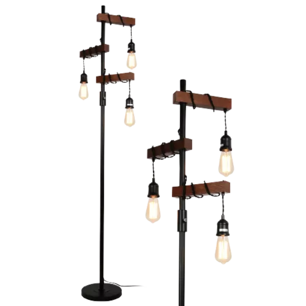 68 in. 3 Lights Wooden Industrial Floor Lamp in Black