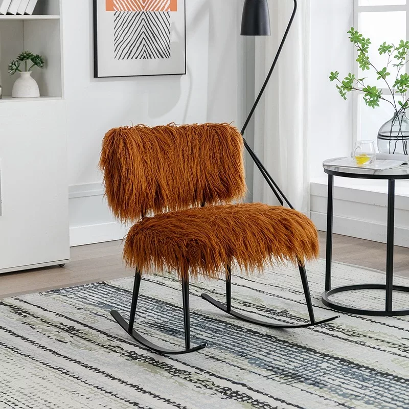 Caramel Faux Fur Rocking Chair of  Metal Frame And Legs Ideal for Living Room & Bedroom