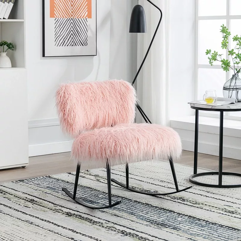 Pink Faux Fur Rocking Chair of  Metal Frame And Legs Ideal for Living Room & Bedroom
