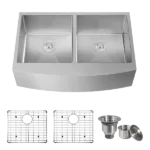 TECASA Farmhouse Double Bowl 50/50 Sink 33 inches Stainless Steel Apron Sinks 16 Gauge for Kitchen Front Rounded 10 inch Deep Single Bowl Kitchen Sink with Accessories (Pack of 3)