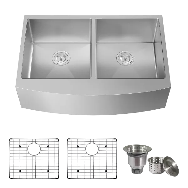 TECASA Farmhouse Double Bowl 50/50 Sink 33 inches Stainless Steel Apron Sinks 16 Gauge for Kitchen Front Rounded 10 inch Deep Single Bowl Kitchen Sink with Accessories (Pack of 3)